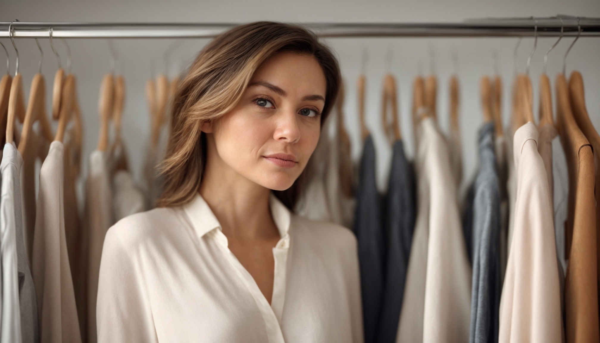 Perempuan stylish dengan gaya fashion minimalis modern di belakang rak pakaian