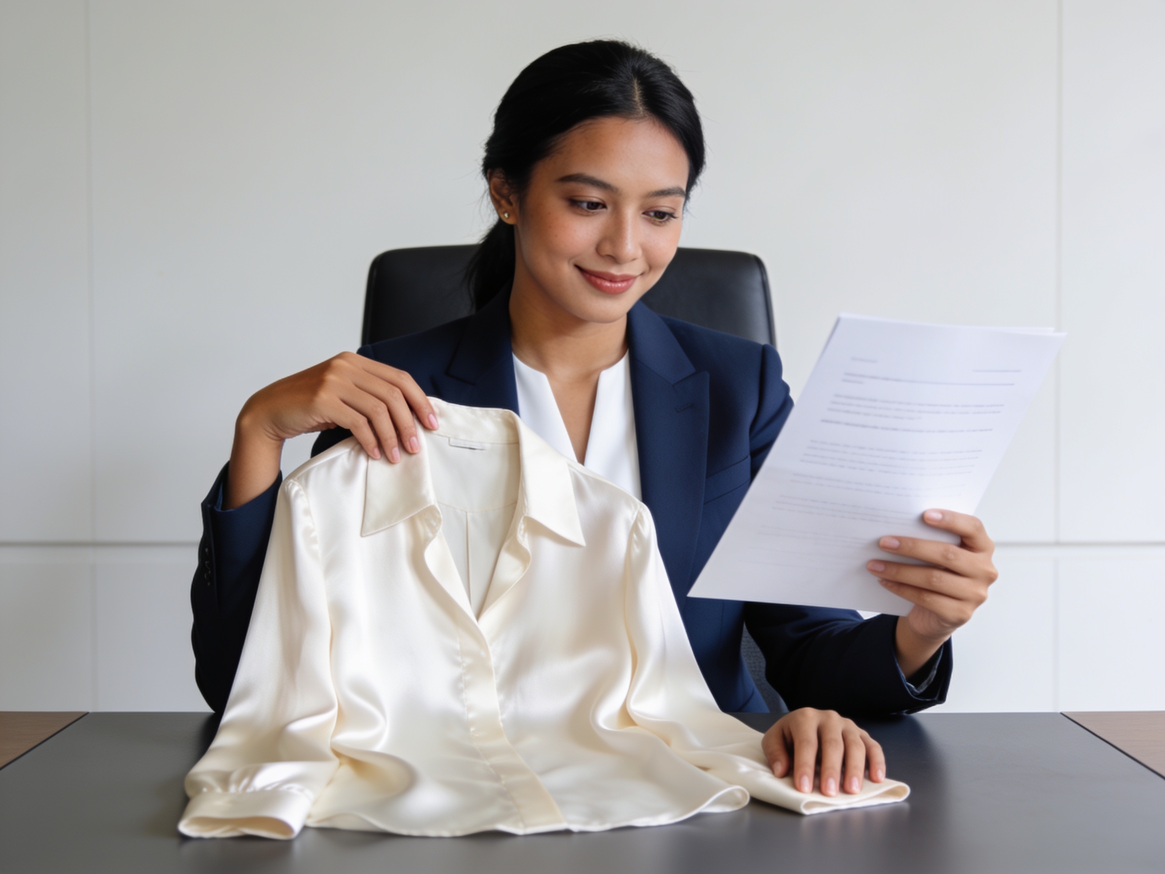 Perempuan Indonesia memeriksa tekstur kemeja sutra dalam tren fashion elegan modern di butik minimalis