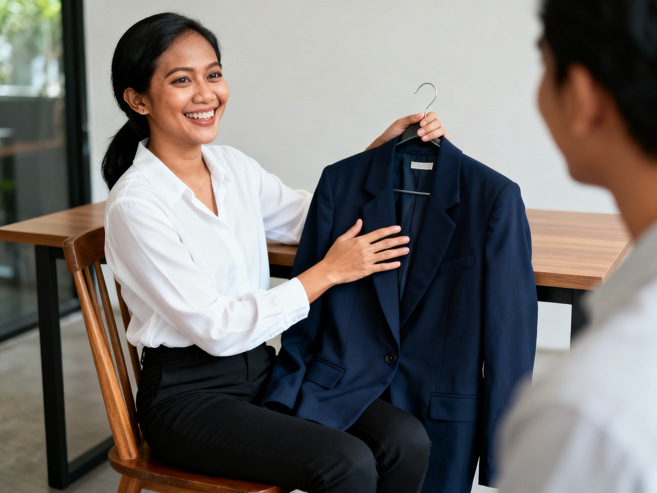 fashion modern percaya diri wanita Indonesia memeriksa blazer oversized navy