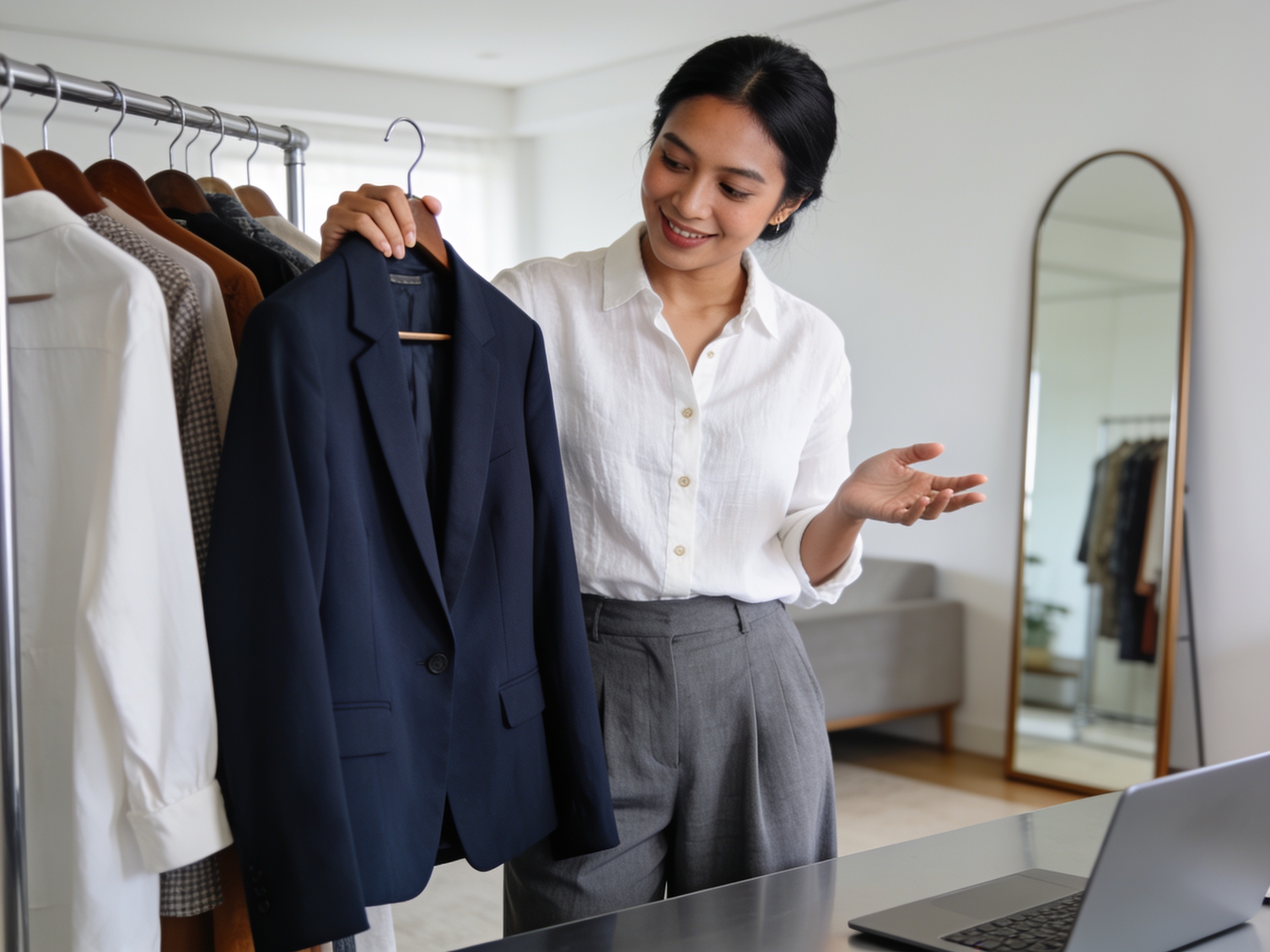 Wanita memeriksa& blazer modern di rak pakaian untuk model baju modern lifestyle