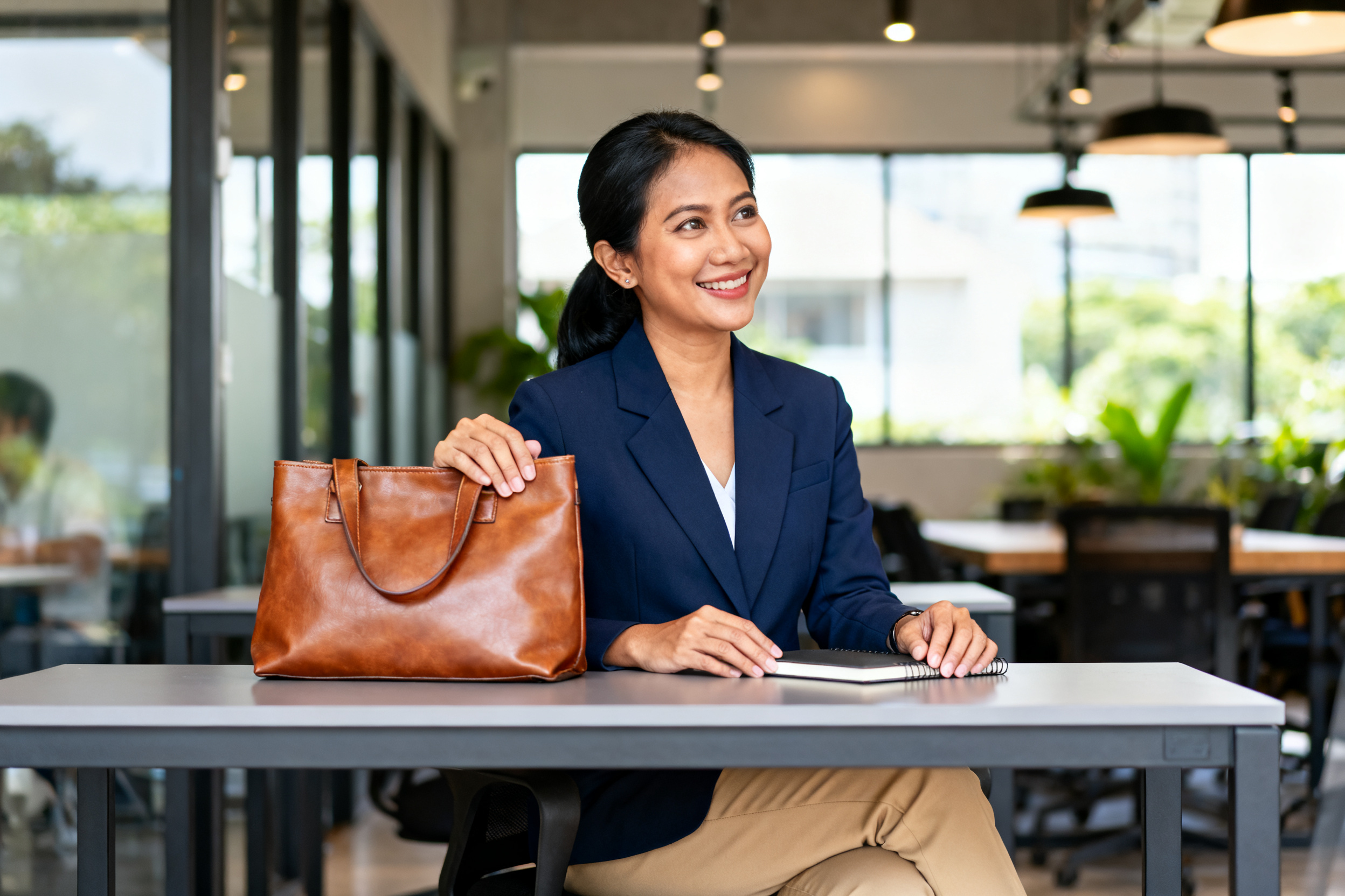 Indonesian woman mixing blazer dan chinos dalam setting co‑working elegan, inspirasi fashion lifestyle modern